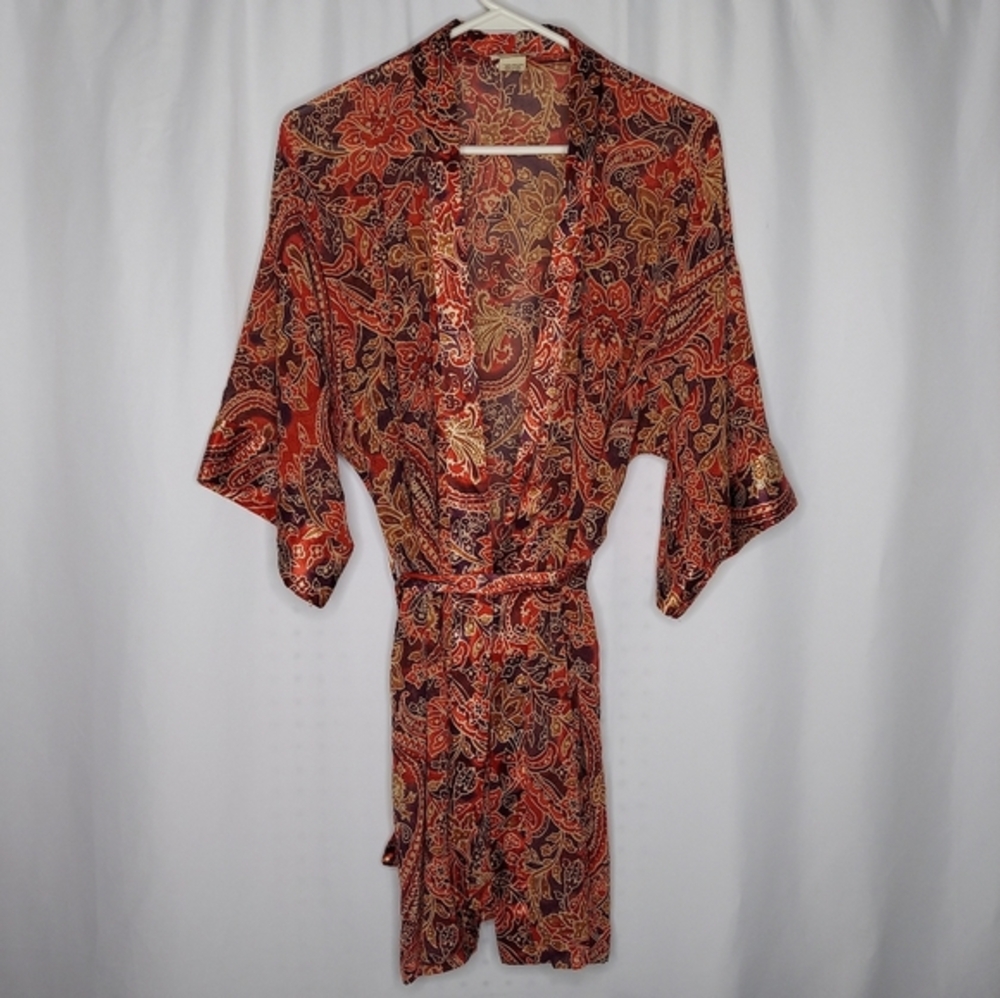 LA Intimates Vtg Paisley Robe Women Large Satin Trim Chiffon Red Cream Fairy 90s